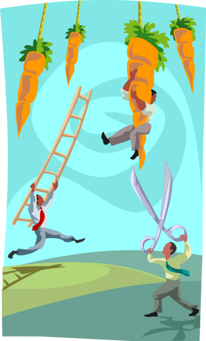 Vector Illustration of Businessmen Reaching for Dangled Carrot Incentives