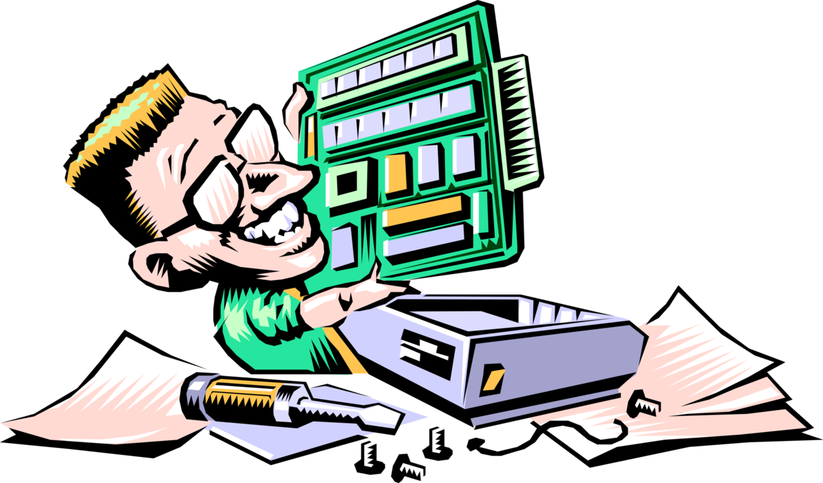 Vector Illustration of Computer Technician Installing Printed Circuit Motherboard
