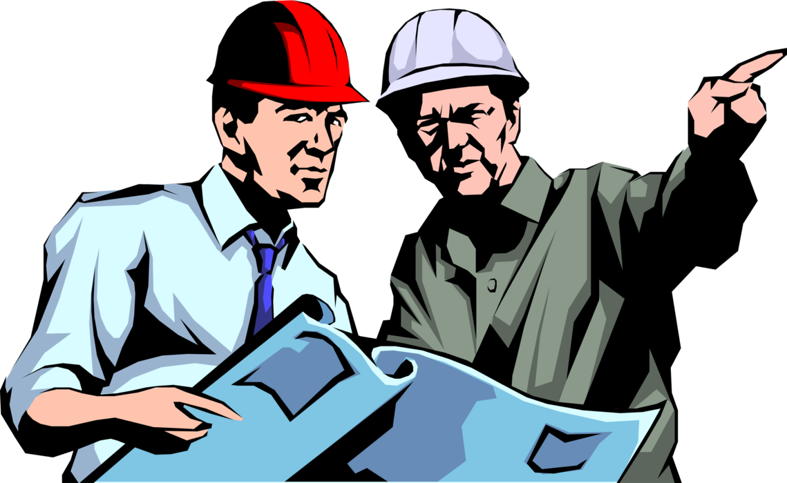 Vector Illustration of Construction Industry Engineers Discuss Blueprint Plans at Job Site