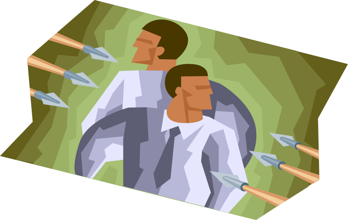 Vector Illustration of Businessmen Facing Onslaught of Arrows From All Angles