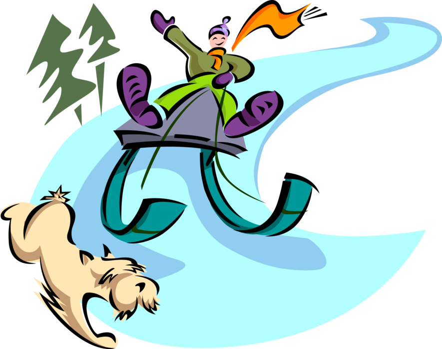 Vector Illustration of Boy Sliding Down Icy Hill with Snow Toboggan and Dog