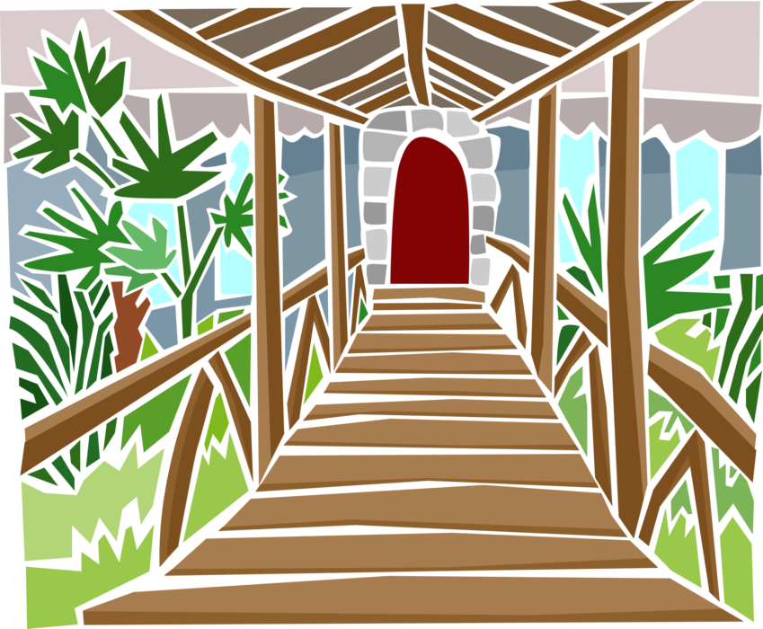 Vector Illustration of Walking Bridge Across Tropical Foliage to Doorway