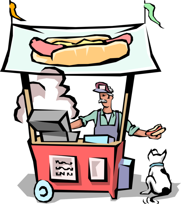 Vector Illustration of Street Food Vendor Chef Serves Grilled Hotdogs or Hot Dog Sausage Lunch