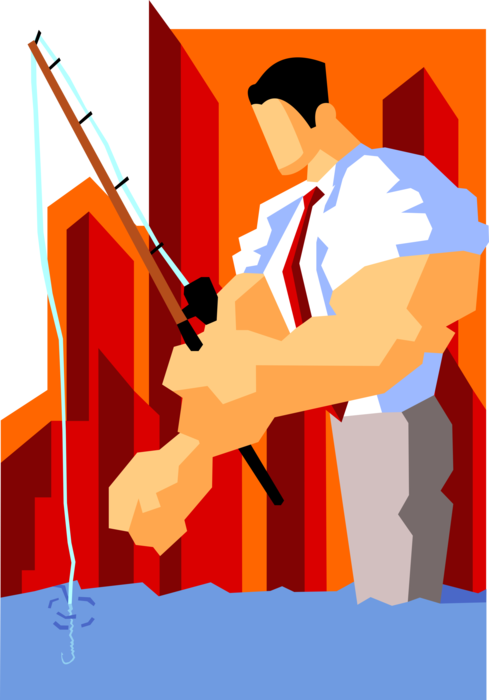 Vector Illustration of Powerful Businessman with Jacked Biceps and Forearms Fishing