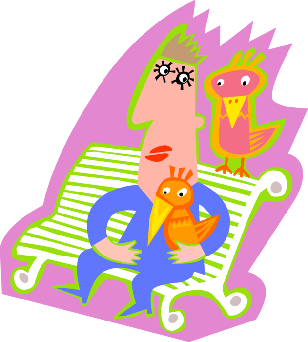 Vector Illustration of Man on Park Bench with Bird Friends