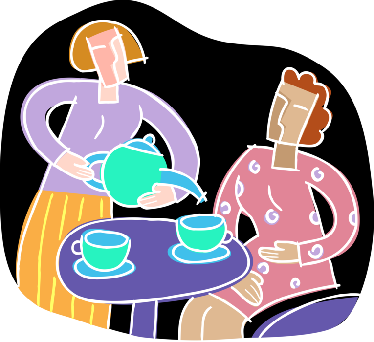 Vector Illustration of Woman Pours Tea from Teapot for Friend