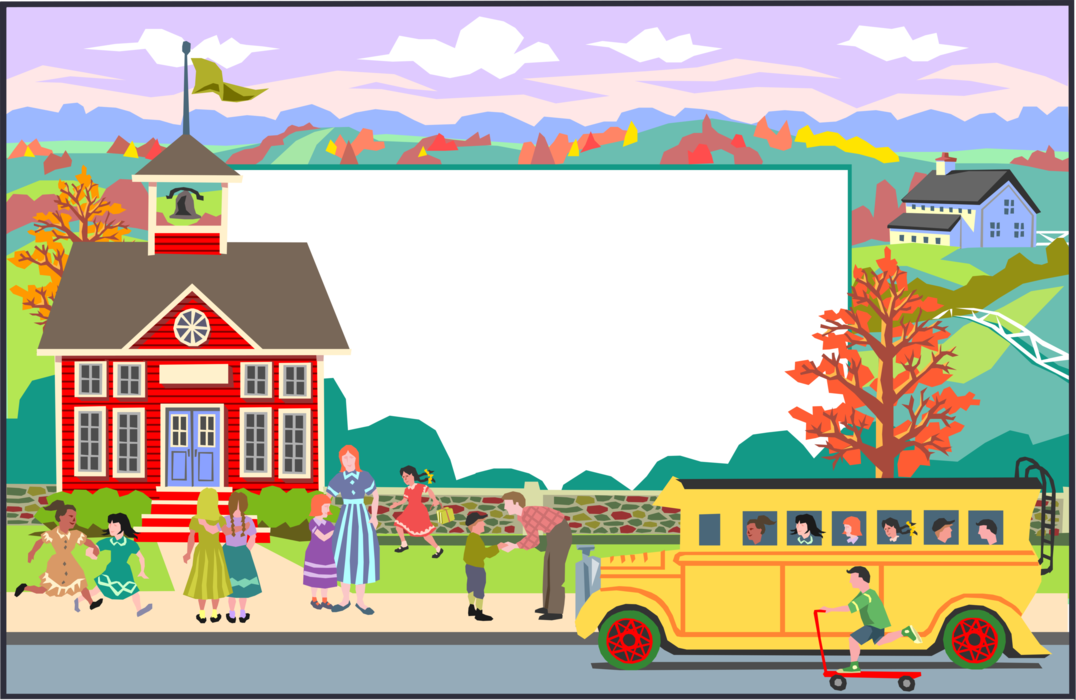 Vector Illustration of School Days Background Frame with Students, Schoolhouse and School Bus