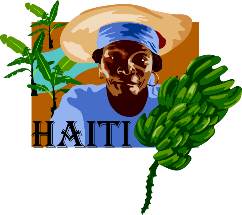 Vector Illustration of Haiti Postcard Design with Haitian Woman and Banana Crop
