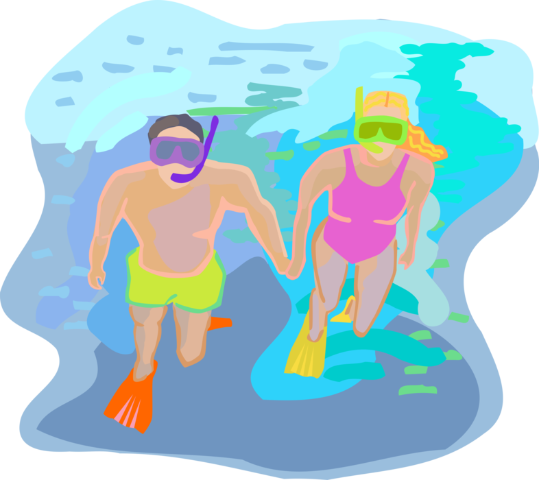 Vector Illustration of Snorkeling Couple Snorkel with Masks and Fins in Water