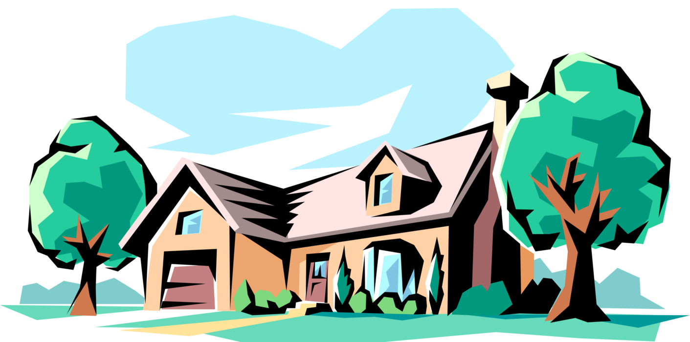 Vector Illustration of Family Home Residence House on Quiet Street
