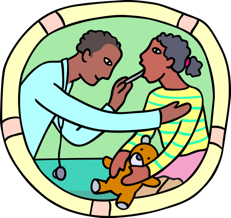 Vector Illustration of Young Patient Receiving Examination by Doctor with Tongue Depressor
