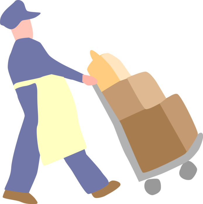 Vector Illustration of Man Transporting Goods on Hand Truck or Dolly
