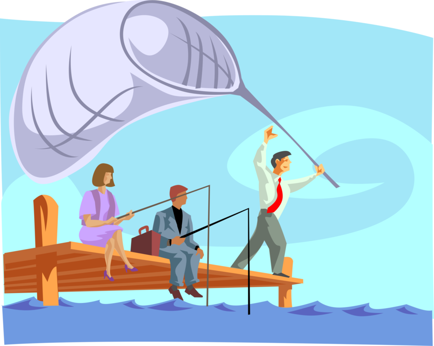 Vector Illustration of Executives Fishing for New Business Opportunity Prospects