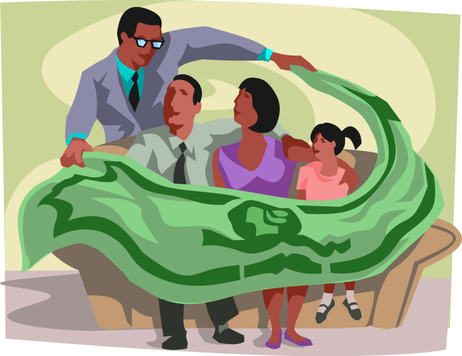 Vector Illustration of Insurance Salesman Provides Financial Security Blanket