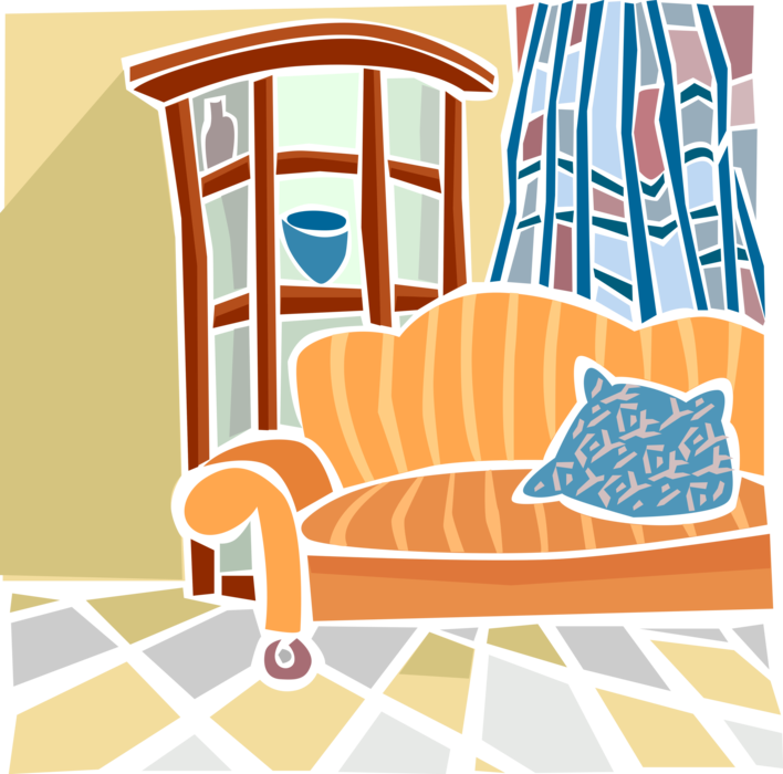 Vector Illustration of Living Room Sofa Couch with Cabinet