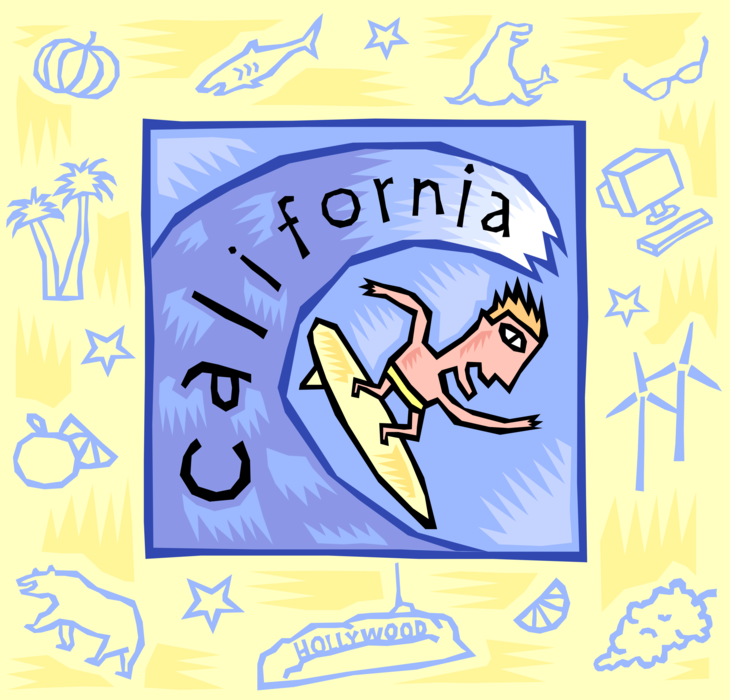 Vector Illustration of California Postcard Design with Surfer Surfing Big Wave