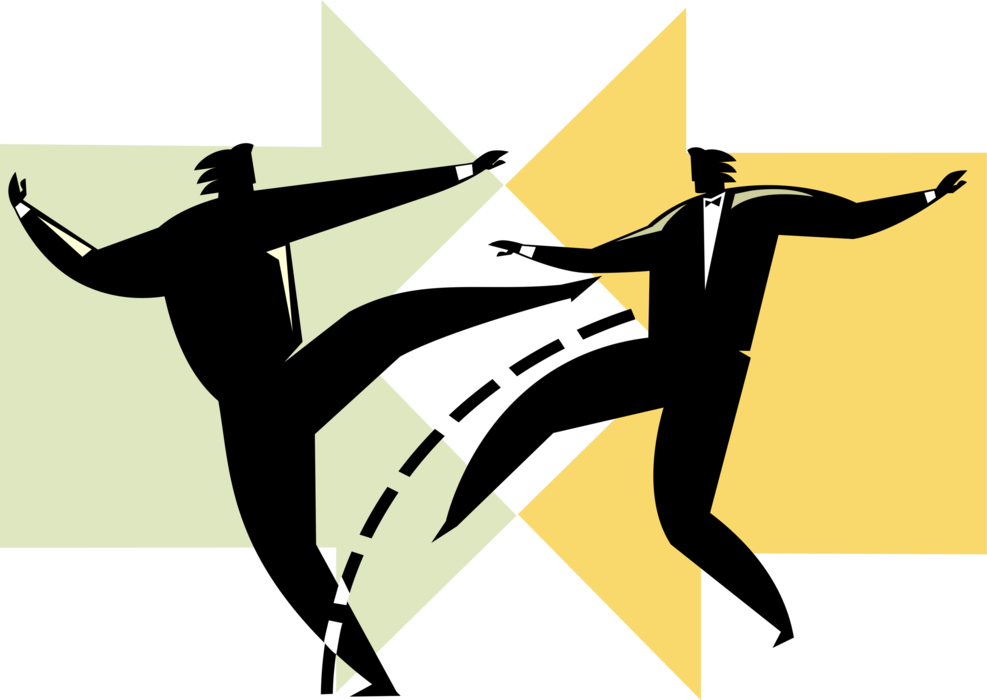 Vector Illustration of Businessmen Self-Defense Martial Artists Performing Karate Kick