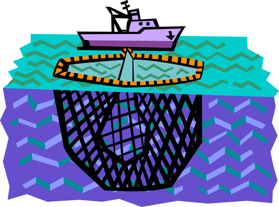 Vector Illustration of Commercial Fishing Trawler Boat Vessel with Fish Net