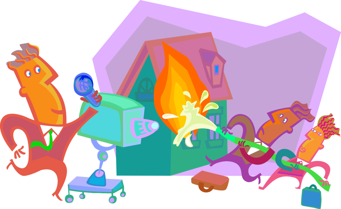 Vector Illustration of Local News Reporter Reports House on Fire