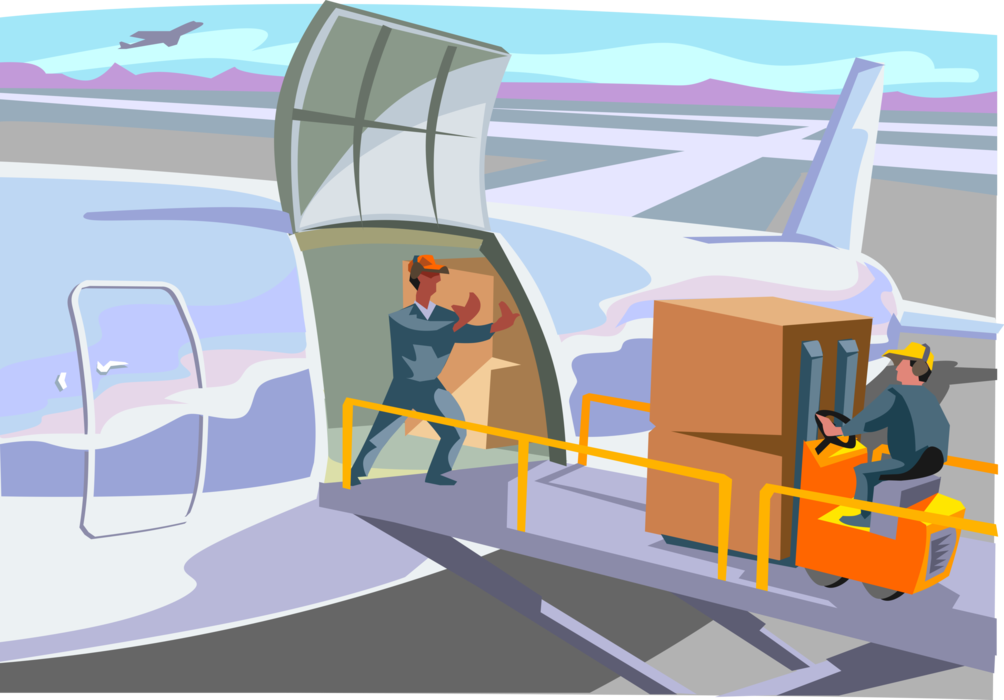 Vector Illustration of Air Transportation Industry Loading and Shipping Cargo Goods by Airplane