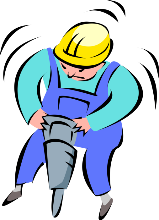 Vector Illustration of Road Crew Construction Worker Operates Jackhammer Pneumatic Drill 