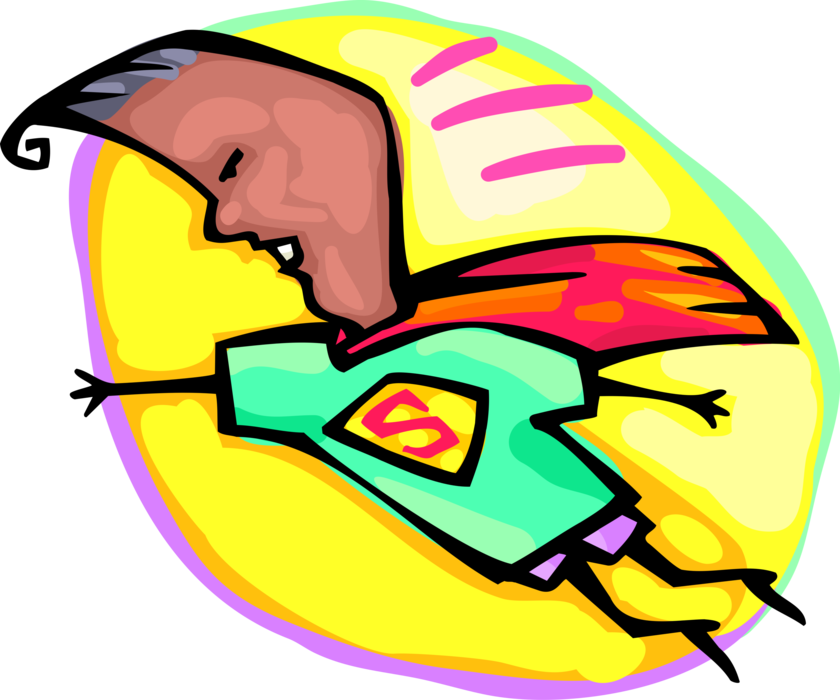 Vector Illustration of Adolescent Flying with Superhero Superman Cape and Shirt