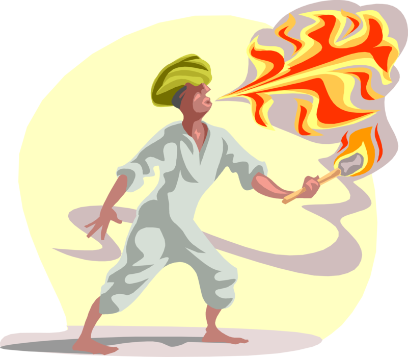 Vector Illustration of Street Busker Performer Fire Breather Performs