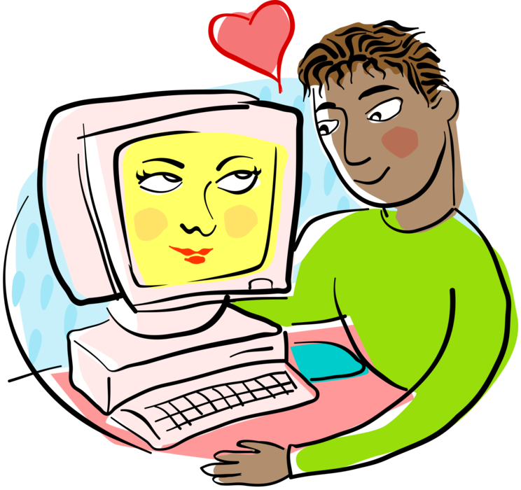 Vector Illustration of Man Interacts with His Online Love Interest