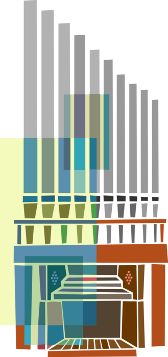Vector Illustration of Christian Religion Church Pipe Organ Driving Pressurized Air Wind Through Organ Pipes