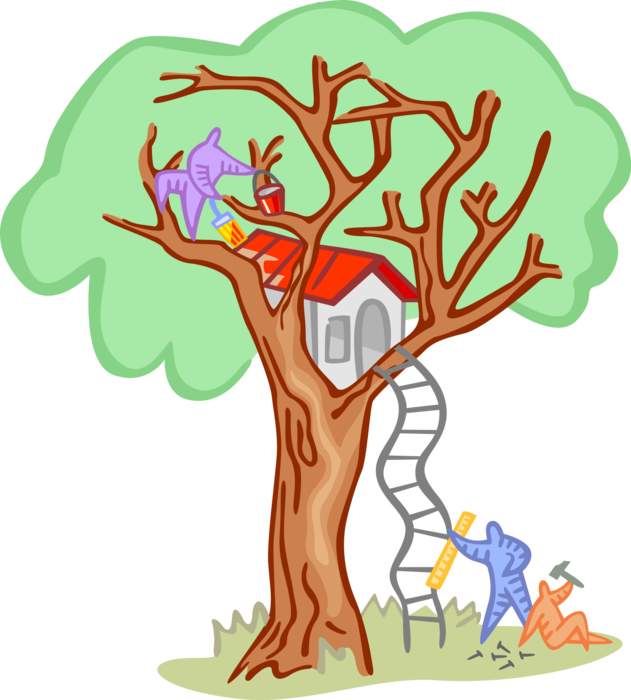 Vector Illustration of Building Treehouse with Ladder in Tree