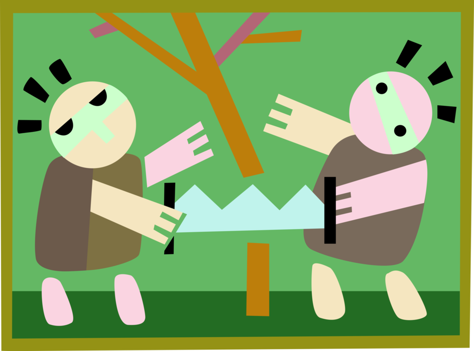 Vector Illustration of Forestry Industry Lumberjacks Cut Down Tree in Forest
