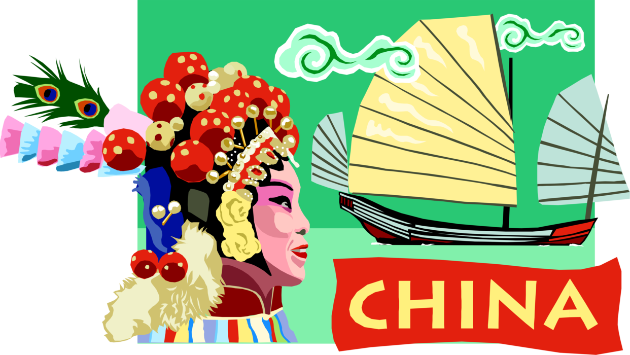 Vector Illustration of China Postcard Design with Chinese Junk and Traditional Dancer