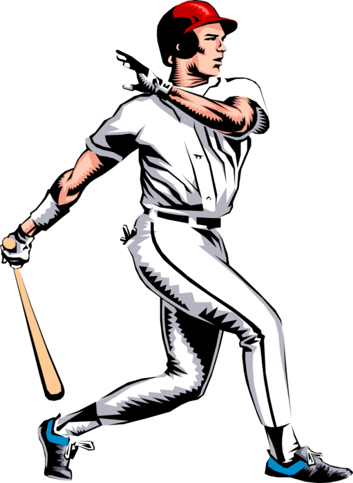 Vector Illustration of American Pastime Sport of Baseball Player Swings and Hits the Ball