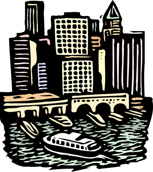 Vector Illustration of Urban Metropolitan City Skyscrapers with Boat Docks