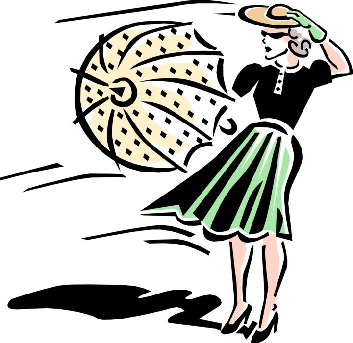 Vector Illustration of 1950's Vintage Style Woman with Umbrella on Breezy Windy Day