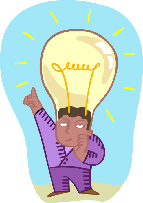 Vector Illustration of School Classroom Student Raises Hand with Good Idea Electric Light Bulb