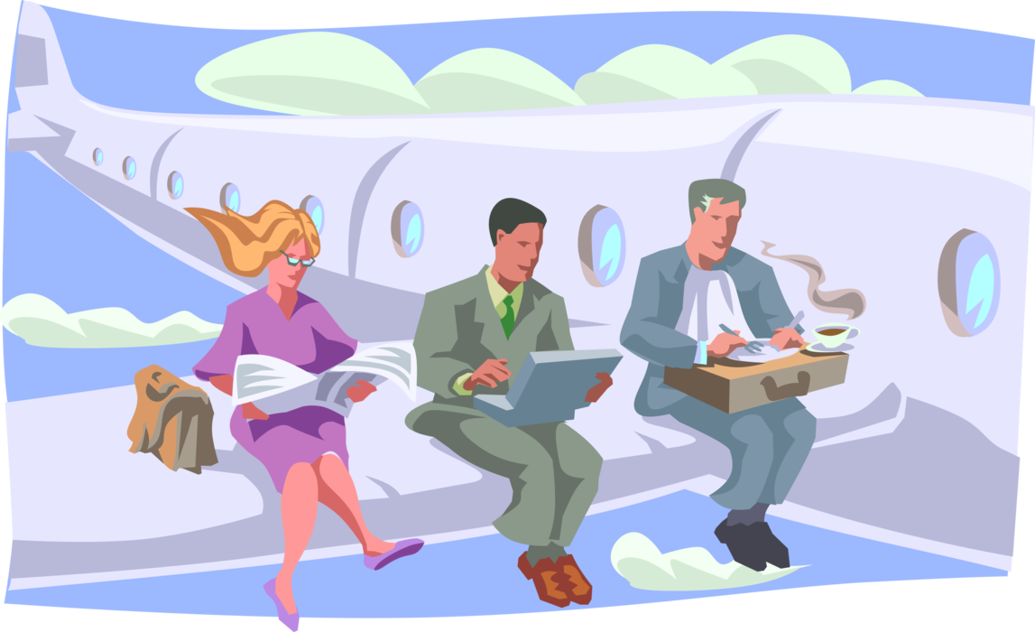 Vector Illustration of Business Travel Sitting on Airplane's Wing