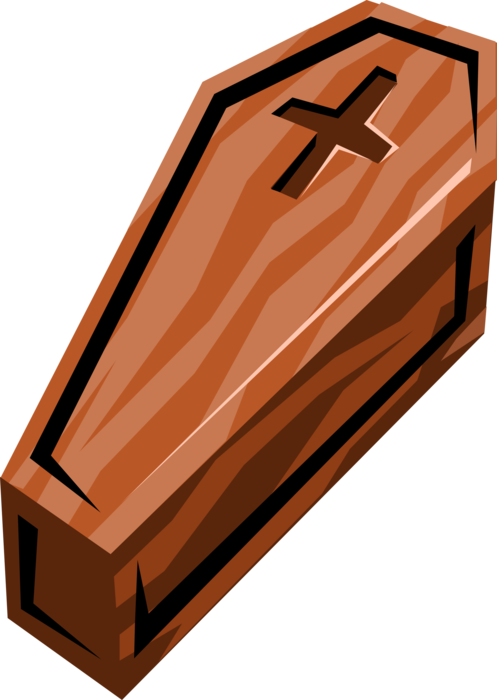 Vector Illustration of Funerary Box Burial Coffin with Christian Crucifix Cross Contains Dead Corpse