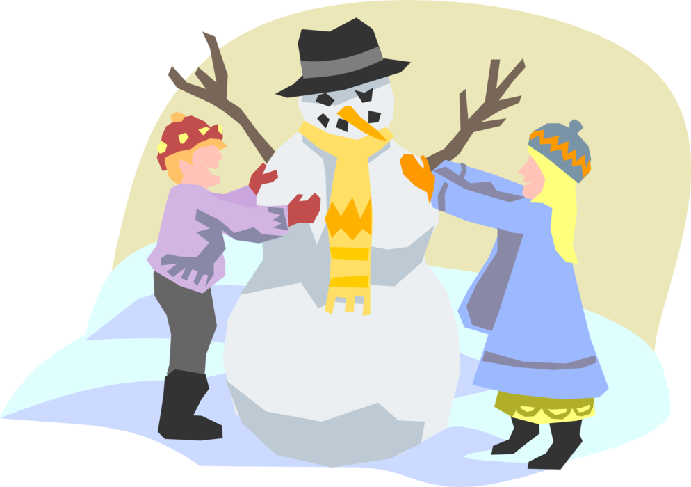 Vector Illustration of Children Playing Outdoors Making Snowman Anthropomorphic Snow Sculpture in Winter