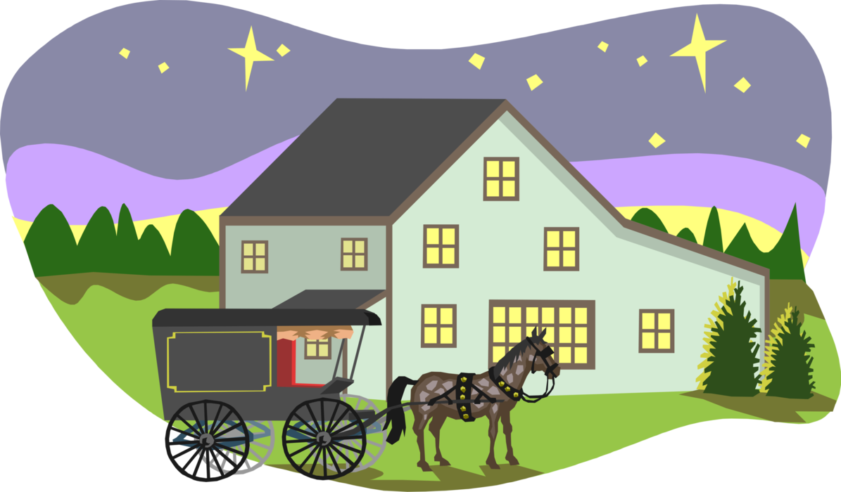 Vector Illustration of Starry Night Scene with House and Horse Drawn Carriage