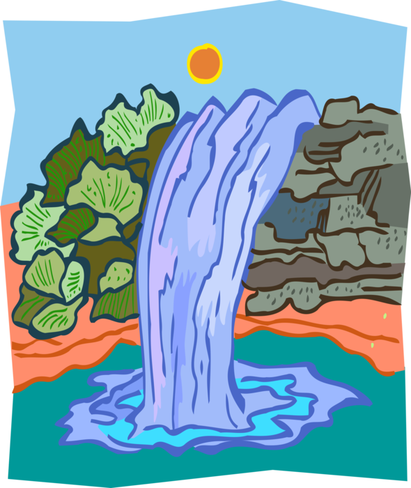 Vector Illustration of Waterfalls Water Falls into Pond with Sun