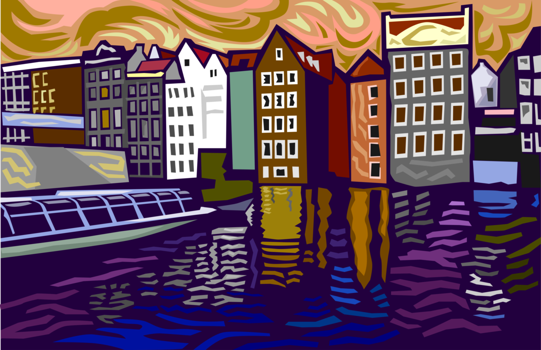 Vector Illustration of Sightseeing Canal Boat Watercraft Vessel, Amsterdam, Holland, The Netherlands