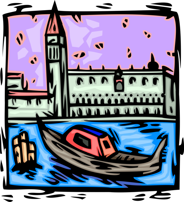 Vector Illustration of Venetian Gothic Doge's Palace, Venice, Italy with Gondola Boat in Canal