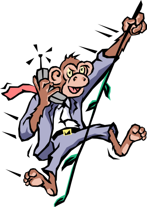 Vector Illustration of Primate Monkey Businessman Swings on Vine with Mobile Smartphone Phone