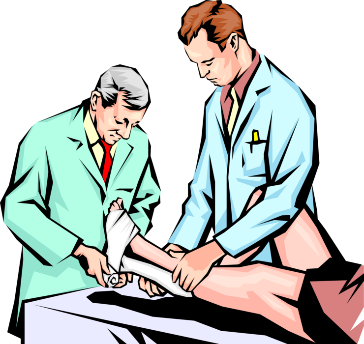 Vector Illustration of Doctors Applying Cast to Man's Broken Leg