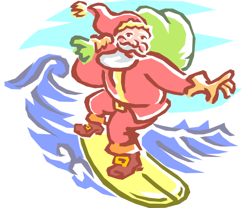 Vector Illustration of Santa Claus Surfing Wave on Surfboard Carries Sack of Christmas Gifts
