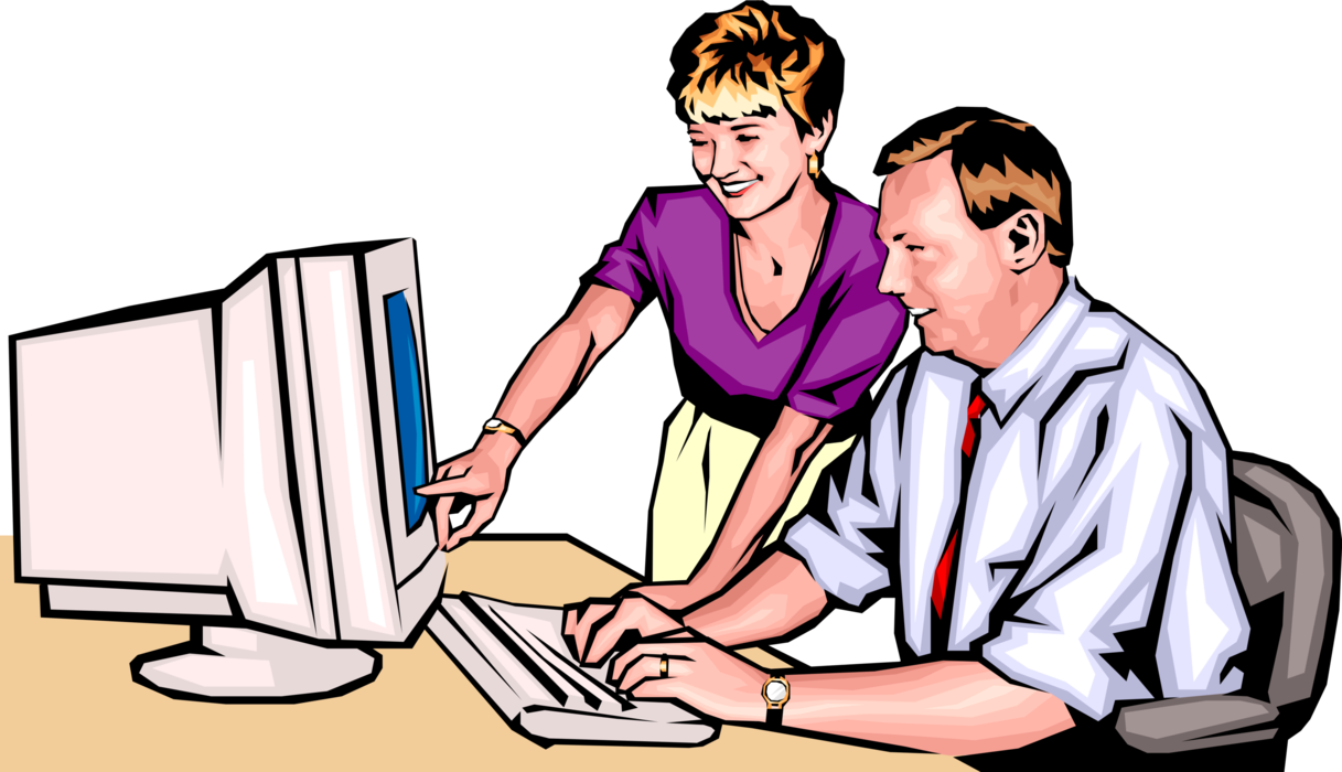 Vector Illustration of Business Colleagues Collaborate at Office Computer Workstation