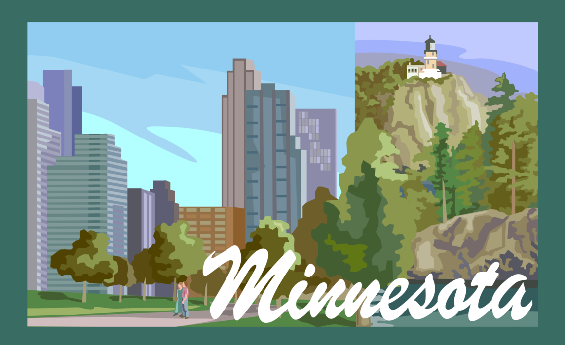 Vector Illustration of State of Minnesota Postcard Design with Minneapolis and Split Rock Lighthouse