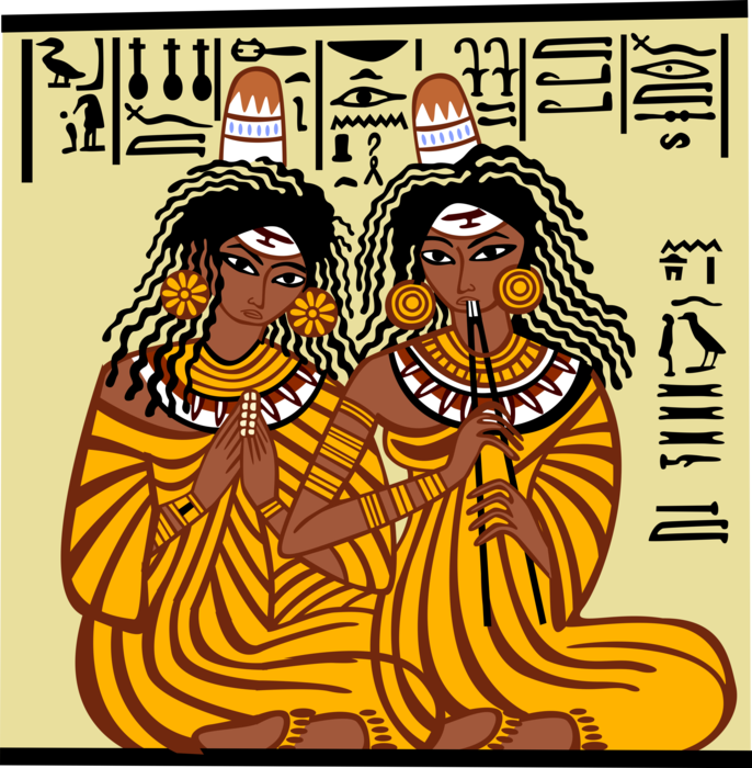 Vector Illustration of Tomb Painting Depicting Egyptian Women Seated on Floor
