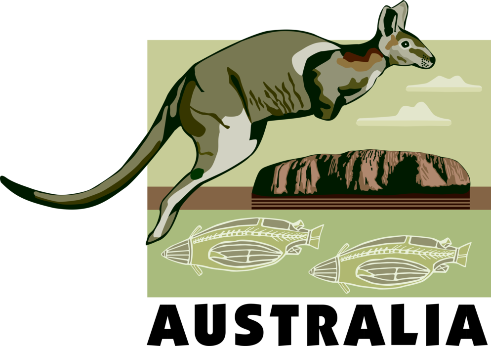 Vector Illustration of Australia Postcard Design with Kangaroo and Ayers Rock Landmark